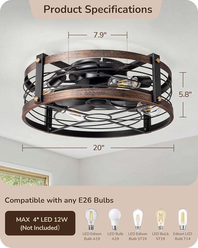 EDISHINE 21" Pre-Assembled Ceiling Fans with Lights Flush Mount, 10%-100% Dimmable, Rustic Low Profile Caged Ceiling Fan with Remote, Small Farmhouse Fan Light Ceiling for Kitchen Bedroom Brushed Gold