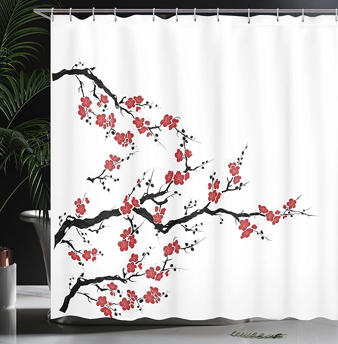 Ambesonne Japanese Shower Curtain, Simplistic Cherry Blossom Tree Botanic Themed Pattern Fresh Organic Lines, Cloth Fabric Bathroom Decor Set with Hooks, 69" W x 84" L, Cinnamon Red