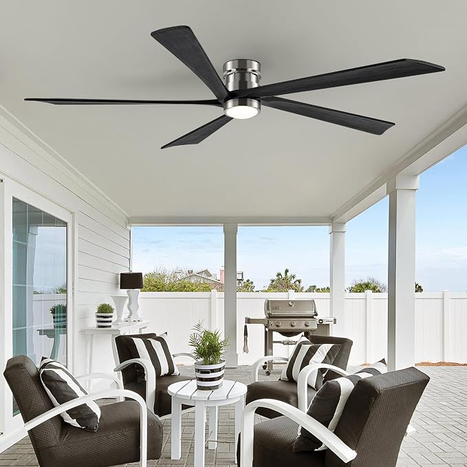 EKIZNSN 84 Inch Brushed Nickel Flush Mount Ceiling Fans with Lights for Patios, 110V Noiseless Reversible DC Motor, 6-Gear Speed (Nickel Finish with Black Blades)
