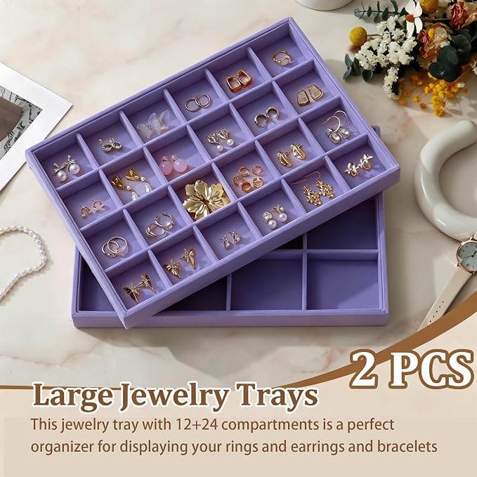 Large Velvet Jewelry Tray 2 Pack Stackable Jewelry Display Drawer Inserts Trays Organizer for Earring Bracelet Necklace Ring (Purple, 24 Grids)