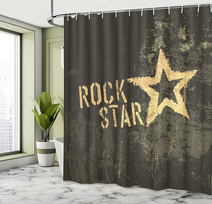 Ambesonne Star Print Shower Curtain, Rock Lettering Dark Grunge Backdrop Concert Music Themed Party Themed Art Print, Cloth Fabric Bathroom Decor Set with Hooks, 69" W x 70" L, Brown Mustard