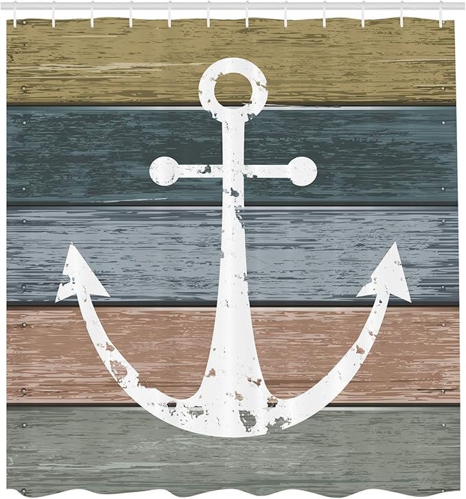 Ambesonne Anchor Shower Curtain, Timeworn Marine Pattern and Grunge Weathered Wooden Planks Rustic Style Nautical, Cloth Fabric Bathroom Decor Set with Hooks, 69" W x 75" L, Khaki Teal