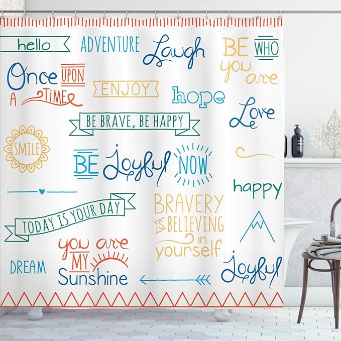 Ambesonne Adventure Shower Curtain, Various Words on Happiness and Self Value Uplifting Phrases Being Who You are, Cloth Fabric Bathroom Decor Set with Hooks, 69" W x 84" L, Dark Lavender