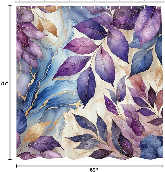 Ambesonne Purple Shower Curtain, Leaves Dancing in The Wind Art on a Marble Print Background in Warm Tones, Cloth Fabric Bathroom Decor Set with Hooks, 69" W x 75" L, Quartz Lilac Mauve