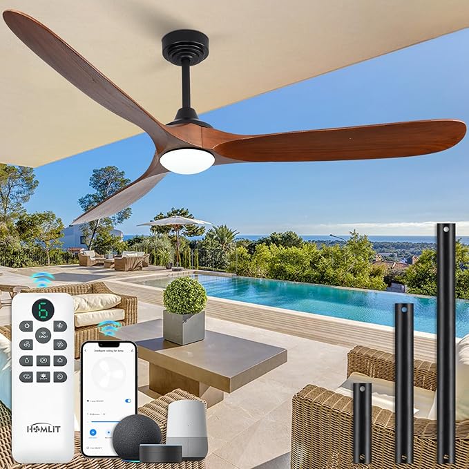 Ceiling Fan with Lights, 72'' Solid Wood Indoor/Outdoor Ceiling Fan with Quiet Reversible DC Motor, Compatible with Alexa/Google/App, 3CCT Dimmable, 6 Speeds Walnut Outdoor Fan for Patio Porch
