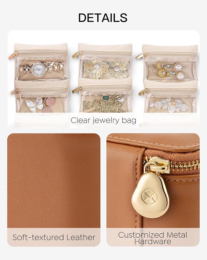 VLANDO Jewelry Travel Case,Travel Jewelry Organizer with Clear Velvet Jewelry Bags 6Pcs Zipper Pouch for Women-Brown