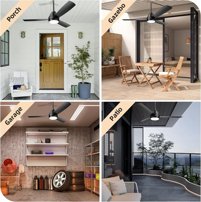 PBLALA 42" Outdoor Ceiling Fans with Lights,Plug in Ceiling Fan Light,Gazebo Fan Light,Hanging with Hook,45W,3CCT,App&Remote Control,6-Speeds,DC Motor,Portable Fan for Patios,Pergola