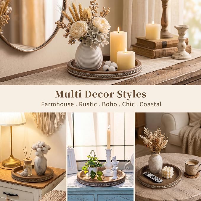 Hanobe Round Wooden Tray Decor: Decorative Candle Plate Holder | 11.8-inch tray for coffee table, rustic table centerpiece for home living room kitchen counter, brown