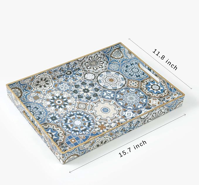 AGIOTA Boho Coffee Table Trays Serving Tray with Handles Large Tray for Ottoman Modern Decorative Tray for Living Room