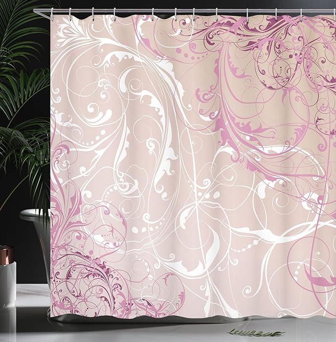 Ambesonne Floral Shower Curtain, Baroque Swirl Branches Curved Flower Leaves Shabby Form Nature Pattern, Cloth Fabric Bathroom Decor Set with Hooks, 69" W x 84" L, Eggshell Pink