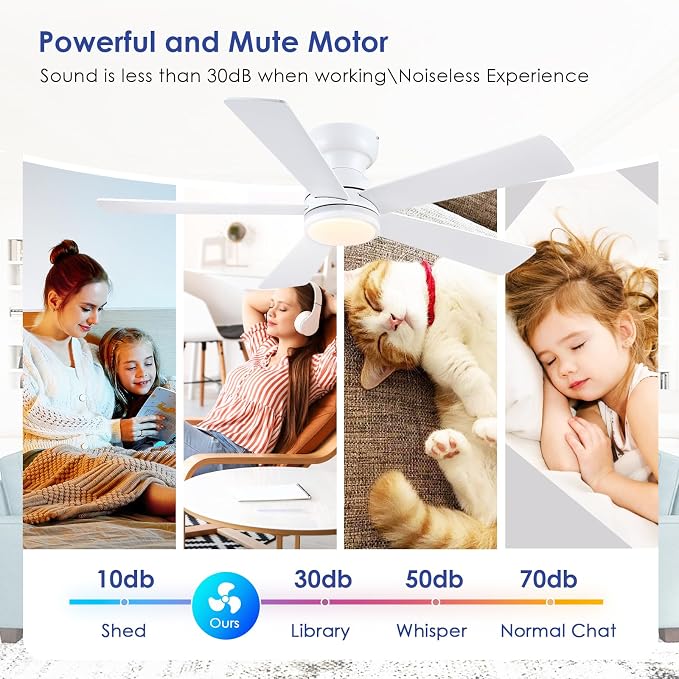White RGB Ceiling Fans with Lights - 46" Flush Mount Ceiling Fan with Remote APP, RGB+3CCT Dimmable Led Light, Reversible 6 Wind Speeds&2H Timer, Low Profile Modern Fan Light Fixture for Bedroom Party