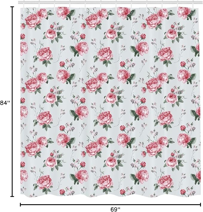 Ambesonne Shabby Flora Shower Curtain, Romantic Spring Summer Flowers Garden Roses with Leaves Art, Cloth Fabric Bathroom Decor Set with Hooks, 69" W x 84" L, Almond Green Pale Pink