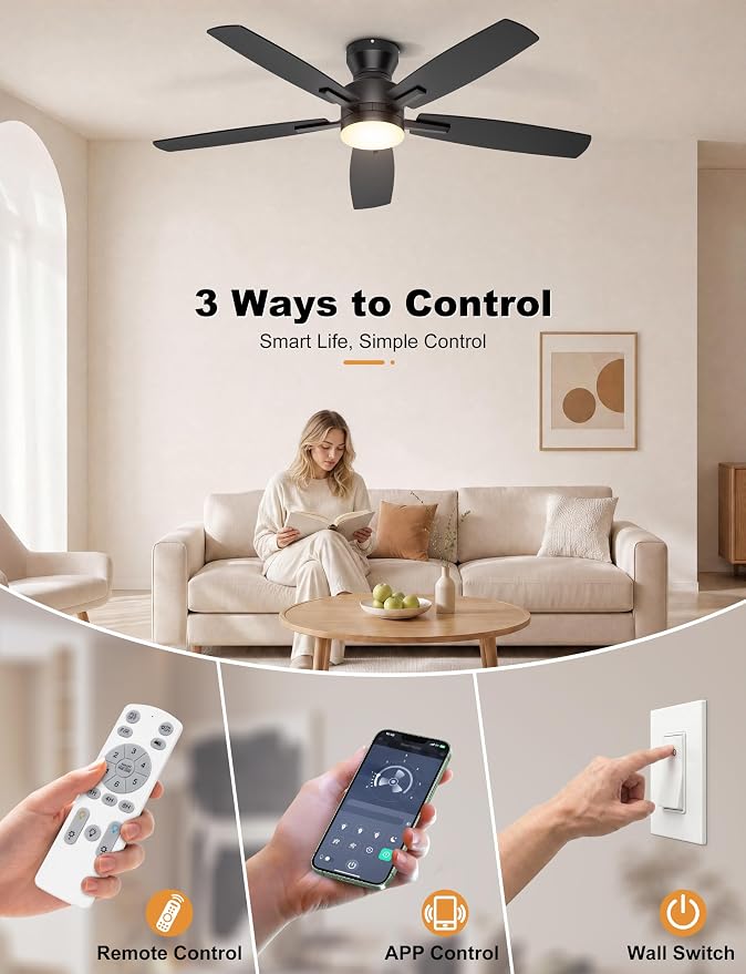 Ohniyou Ceiling Fans with Lights, 52'' Low Profile Ceiling Fan with Light and Remote/APP Control, Modern Flush Mount Ceiling Fan for Indoor Bedroom Living Room, Dimmable, Quiet DC Motor, Black