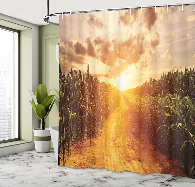 Ambesonne Country Shower Curtain, Horizon and Corn Field Last Sun Rays of The Day Earth and Sky Scenic Picture, Cloth Fabric Bathroom Decor Set with Hooks, 69" W x 70" L, Marigold Green