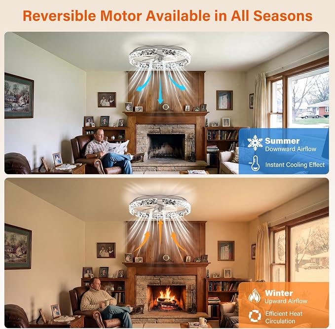 Ceiling Fans with Lights and Remote,20''Low Profile Ceiling Fan,3000-6000K Dimmable Modern Flush Mount LED Fan Light,6 Wind Speeds for Bedroom (White, 20-inch Foldable Diamond)