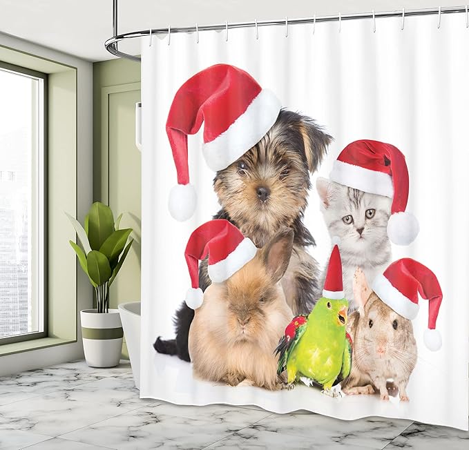 Ambesonne Christmas Shower Curtain, Xmas Crew Cat Dog Bird Mouse and Rabbit Bunny with Santa Hats Grumpy Pets Picture, Cloth Fabric Bathroom Decor Set with Hooks, 69" W x 84" L, Red Brown