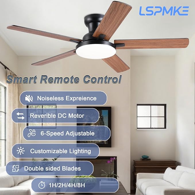 Flush Mount Ceiling Fans with Lights, 52" Ceiling fan with Remote Control, Low Profile Ceiling Fan with 3CCT, Dimmable, Noiseless DC Motor, Modern Fan Light Fixture for Bedroom, Kitchen, Brown