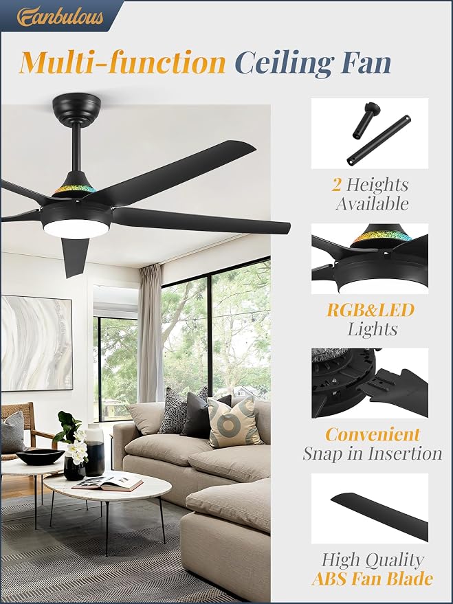 Fanbulous 56'' Smart Ceiling Fans with RGB Lights, Modern Ceiling Fan with Alexa/App/Remote Control, Dimmable LED Light, Reversible DC Motor, for Living Room, Bedroom, Game Room, Black