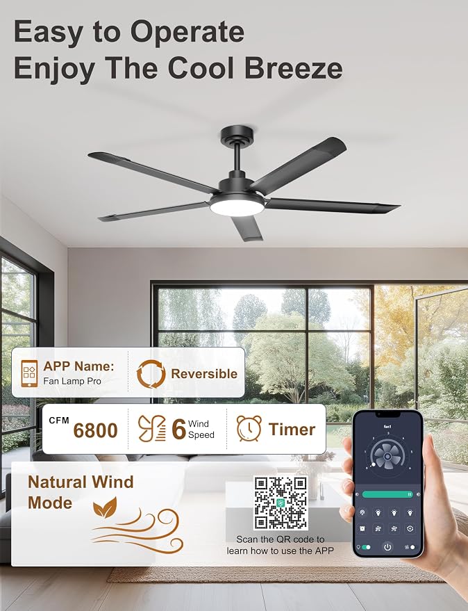 Ohniyou 60'' Ceiling Fan with Lights, Industrial Ceiling Fan with 5 Aluminum Blades, App/Remote Controlled, Dimmable, for Outdoor Patio, Garage, Black