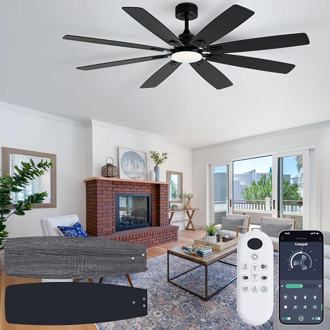 Coolwind 62in Large Outdoor Ceiling Fan, Display Remote&APP Control, Black 8 Blade Quiet Ceiling Fan, 8 Speeds, Dimmable, Timer, DC Reversible Motor, Double Sided Blade for Patio, Bedroom