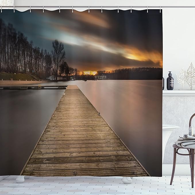 Ambesonne Landscape Shower Curtain, Lake Landscape with Jetty Cloudy and Dramatic Sky Scene at Sunset Image, Cloth Fabric Bathroom Decor Set with Hooks, 69" W x 84" L, Umber Black