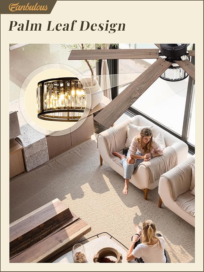 Fanbulous 65 Inch Farmhouse Crystal Ceiling Fan with Lights and Remote, Chandelier Ceiling Fan with Quiet Reversible DC Motor, Wood Blades - Ideal for Bedroom