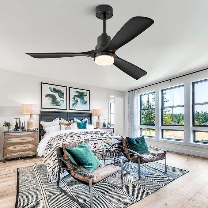 60 inch Smart Ceiling Fan with Lights,Outdoor Ceiling Fan 3 Wood Blades Compatible with Alexa/Gg Voice Control&App&Remote,Quiet DC Motor for Covered Patio Porch Bedroom,Black