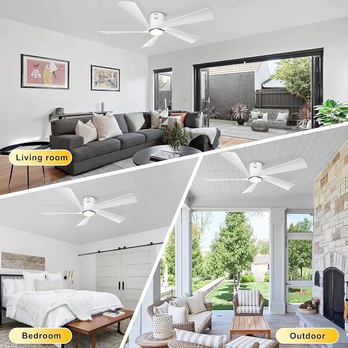 Ohniyou 52” Flush Mount Modern White Ceiling Fan with Lights | Remote/APP Control, Low Profile, 3CCT Dimmable LED, Quiet DC Motor, Reversible, Indoor & Covered Outdoor Overhead Fans