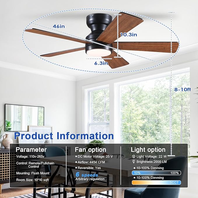 BYKISTOK Ceiling Fans with Lights Flush Mount - 46in Low Profile Ceiling Fan Remote Control with 5 Dual-Sided Blades, Reversible 6 Speeds, Dimming & 2H Timing, Indoor Fan Light for Bedroom, Kitchen