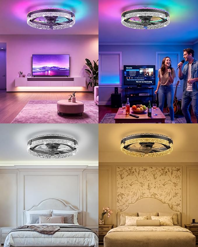 RGB Low Profile Ceiling Fan with Lights, Ceiling Fans with Lights and Remote, 3000-6500K Dimmable Modern Flush Mount LED Fan Lights, 6 Wind Speeds Ceiling Fans for Bedroom(Black-Cream)
