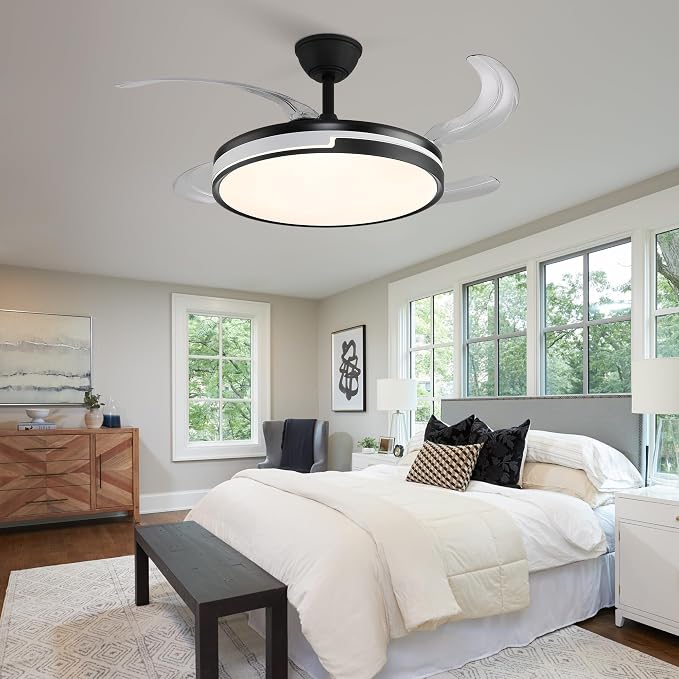 Retractable Ceiling Fans with Lights and Remote, 42'' Black and White Modern Fandelier Ceiling Fans Dimmable LED, Energy Efficient, Memory Function,Timer Setting Fan for Living Room Bedroom
