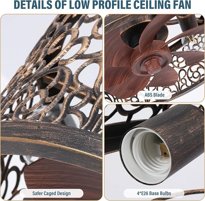 COCOSTAR Caged Ceiling Fan with Light Flush Mount Farmhouse Retro Fandelier | Remote/APP,Low Profile,Enclosed,Bladeless,Quiet,20" Rustic Light Fixture with Fan for Kitchen Bedroom Living Room Dining Room
