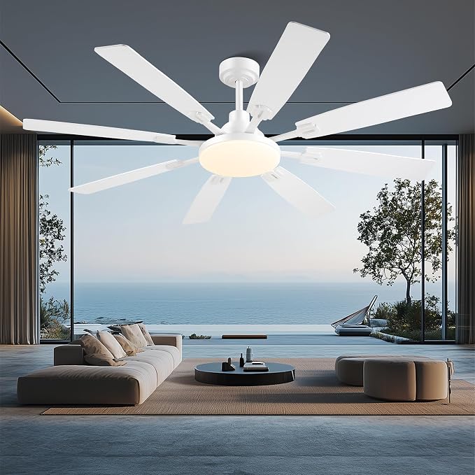 JSAITEE 60In Ceiling Fans with Lights - White Low Profile Fan Light with 8 Blades, 6 Wind Speeds Reversible, Dimmable, Modern Light Fixture for Indoor Living Room, Kitchen, Coverd Patios