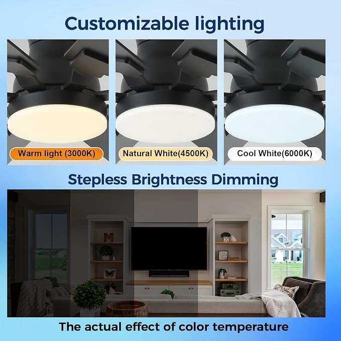 JSAITEE 52Inch Ceiling Fan with Lights, Flush Mount Low Profile, Black | Ceiling Fans,DC Reversible Motor Noiseless, 3CCT Dimmable, Dual Finish, 6 Speeds Ceiling Fan for Indoor/Outdoor