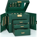 AKOZLIN 4-Tier Jewelry Box Leather Jewelry Storage Organizer with 3 Drawers Lockable for Women Girls Ring Necklace Earring Bracelet Holder with Mirror Forest Green