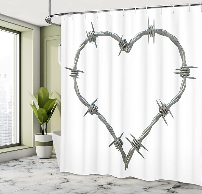Ambesonne Barbed Wire Shower Curtain, Barbed Wire Heart Shape Twisted Security Safety Themed Illustration Print, Cloth Fabric Bathroom Decor Set with Hooks, 69" W x 70" L, Grey Cream
