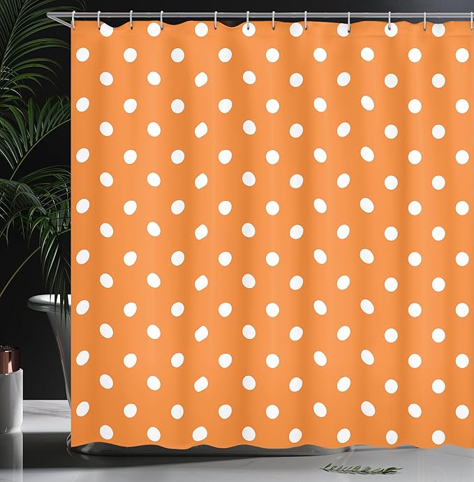 Ambesonne Burnt Orange Shower Curtain, Vintage Old Polka Style Dotted Graphic Design in Retro Old Fashioned Image, Cloth Fabric Bathroom Decor Set with Hooks, 69" W x 70" L, White Orange