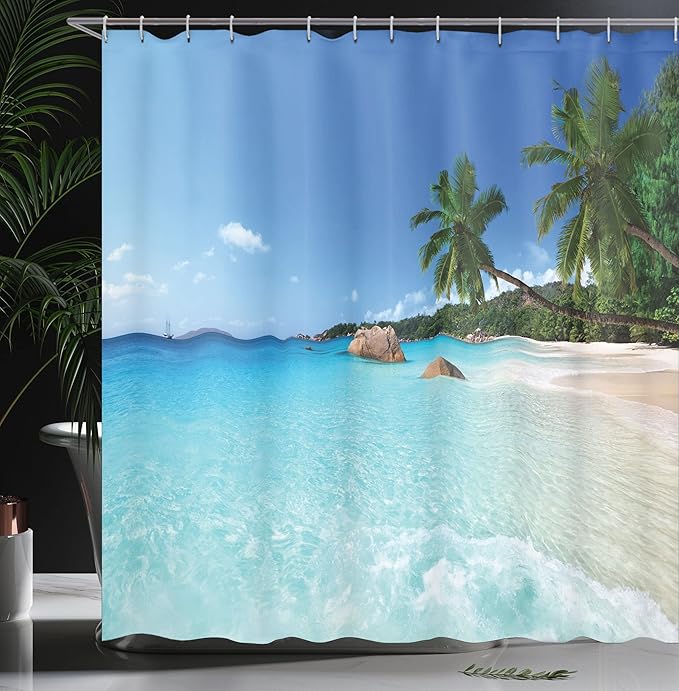 Ambesonne Ocean Shower Curtain, ANSE Lazio Beach at Praslin Island Surfing Beach Scenic View Travel, Cloth Fabric Bathroom Decor Set with Hooks, 69" W x 84" L, Blue Turquoise