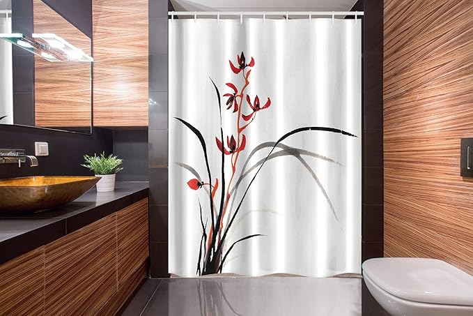 Ambesonne Japanese Stall Shower Curtain, Classic Cultural Chinese Ink Paint of Native Wild Orchids Reflexive Birches, Fabric Bathroom Decor Set with Hooks, 54" W x 78" L, Orange Black