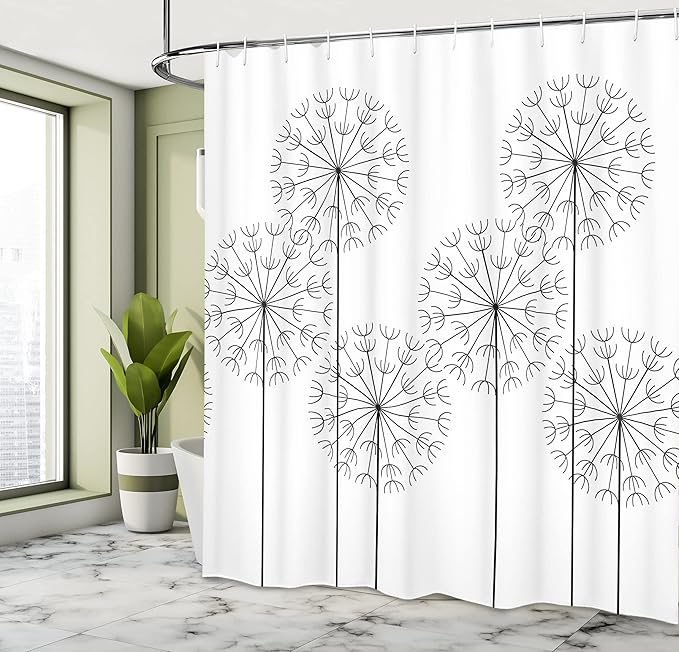 Ambesonne Floral Shower Curtain, Modern Hand Drawn Digital Flower Dandelions Botanic Plants Nature Art Print, Cloth Fabric Bathroom Decor Set with Hooks, 69" W x 70" L, White Charcoal Grey