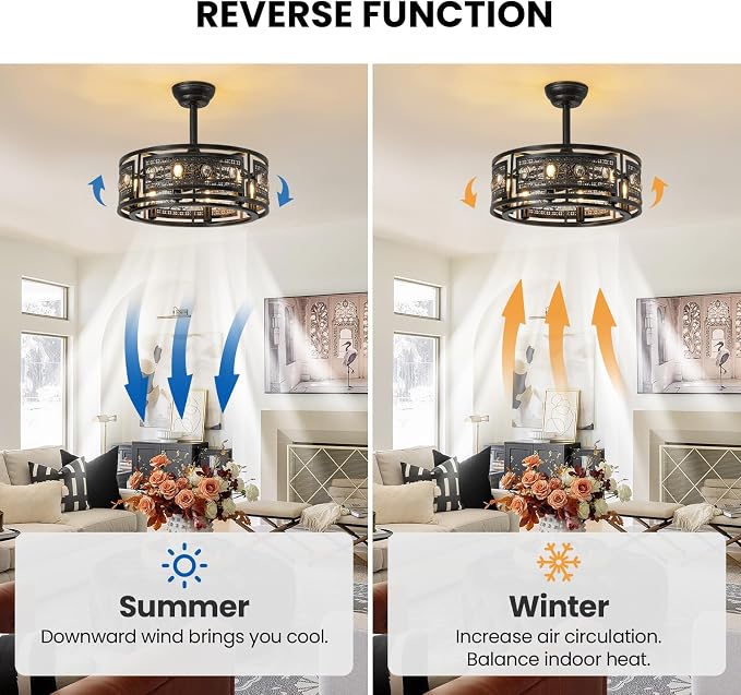Crystal Caged Ceiling Fan with Light, 19'' Vintage Black Bladeless Fandelier Ceiling Fan with Remote, Low Profile Farmhouse Ceiling Fan for Bedroom Kitchen Living Room
