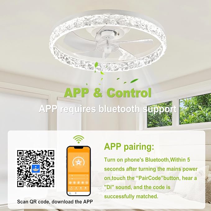 DAMINY Ceiling Fans with Lights and Remote, 6CCT,Dimmable Low Profile Ceiling Fan with Light, Flush Mount Bladeless Ceiling Fan,6 Speeds,20 inch White Modern