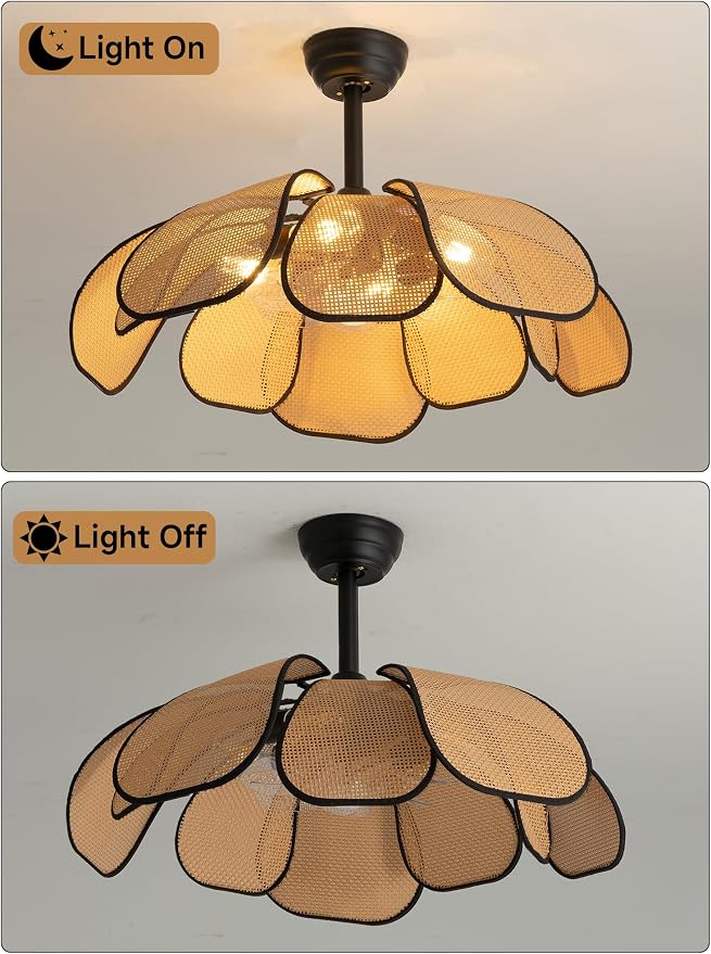 26 Inch Fandelier Rattan Ceiling Fans with Lights and Remote,Boho Black Chandelier Ceiling Fan for Dining Living Room,Bedroom,Kitchen,4-Light