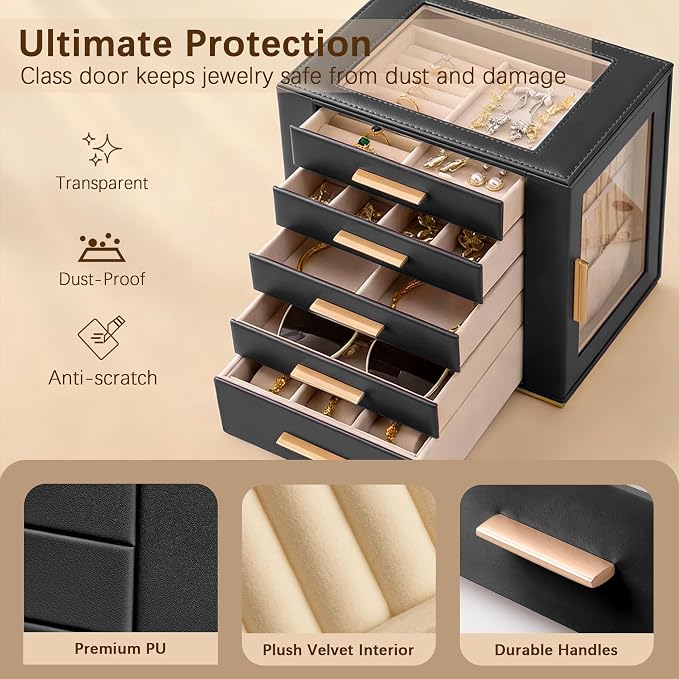 Homeanda Jewelry Box for Women with Glass Lid, 5 Drawers Jewelry Organizer and Storage for Necklaces, Rings, Earrings, Bracelets, Gift for Girls and Teens,PU Leather (Black)
