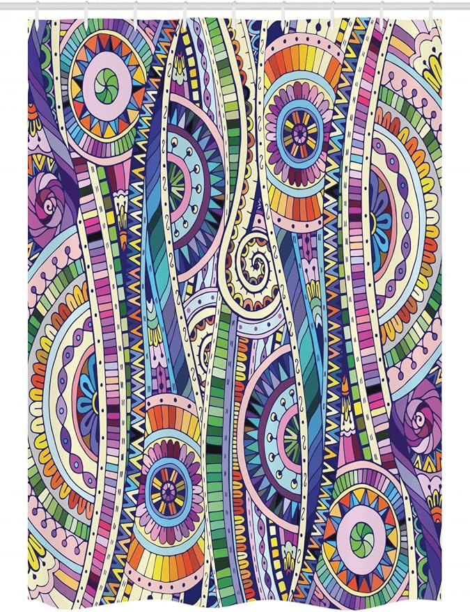 Ambesonne Floral Stall Shower Curtain, Geometric Mosaic Style Colorful Illustration Flower Pattern Ornamental Doodle Art, Fabric Bathroom Decor Set with Hooks, 54" W x 78" L, Purple Green