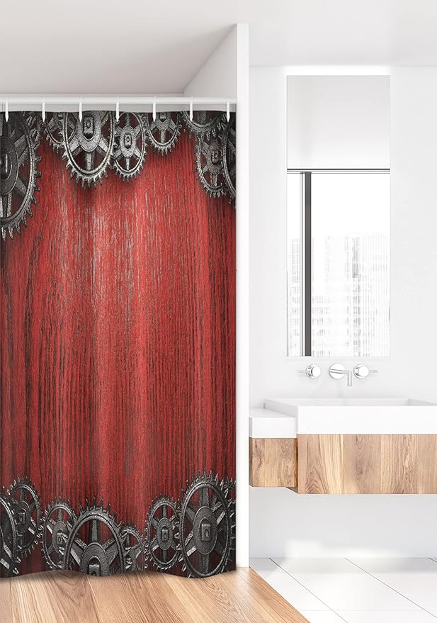 Ambesonne Industrial Stall Shower Curtain, Gear Wheels on The Wooden Background Penal Cogwheel Clockwork Arrangement, Fabric Bathroom Decor Set with Hooks, 36" W x 72" L, Black Dimgrey