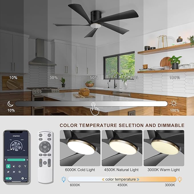 Ohniyou 52” Low Profile Modern Black Ceiling Fan with Lights | Remote/APP Control, Flush Mount, 3CCT Dimmable LED, Quiet DC Motor, Reversible, Indoor & Covered Outdoor Overhead Fans