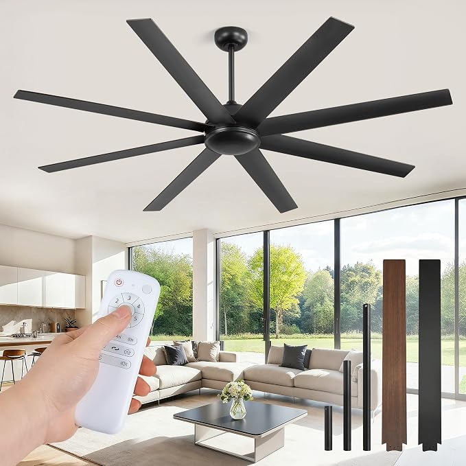 Fanbulous 72 Inch Ceiling Fans No Light with Remote, Black Indoor/Outdoor Ceiling Fan Without Light with Quiet Reversible DC Motor, 6 Speeds, 8 Blades Large Ceiling Fan for Living Room Bedroom Patio