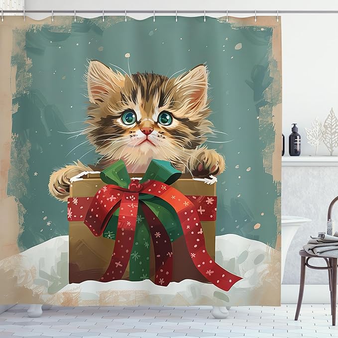 Ambesonne Christmas Shower Curtain, Cartoonish Delicate Tabby Cat Kitten with Classic Paint Look Lines, Cloth Fabric Bathroom Decor Set with Hooks, 69" W x 84" L, Cadet Blue Fawn Dark Pink