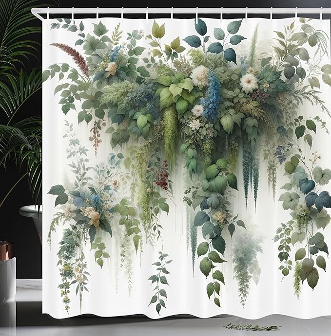Ambesonne Botanical Shower Curtain, Branches and Leaves Cascading Down Look Motif in Watercolor Style Print, Cloth Fabric Bathroom Decor Set with Hooks, 69" W x 70" L, Green Blue and White